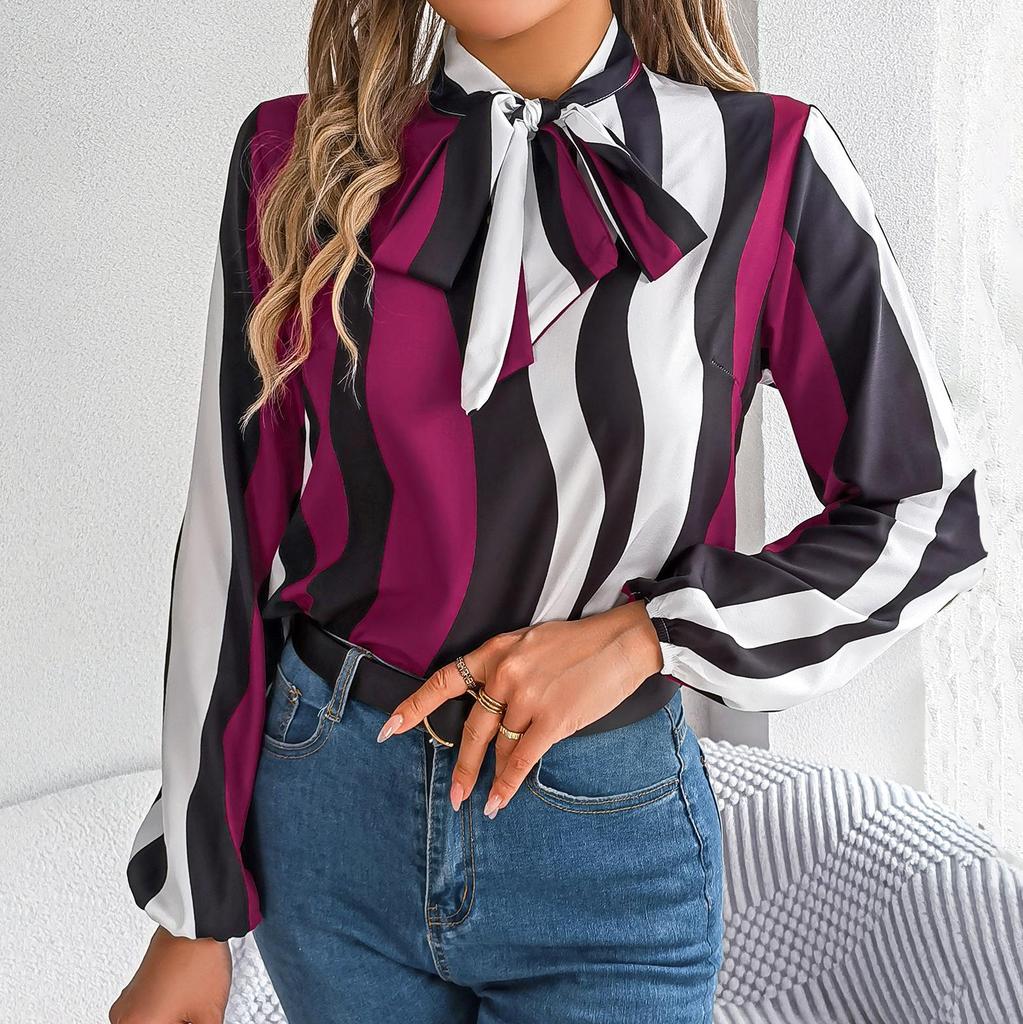 Women Spring Autumn Temperament Stripe Print Bow Collar Long Sleeve Shirt Blouses