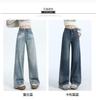 Tie mark washed narrow straight leg trendy brand high waisted casual jeans women's new style