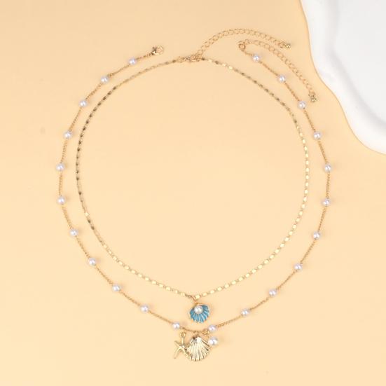 Women Necklace Double-layered Shell Starfish Charm Faux Pearl Decor Adjustable Length Ocean Theme Clavicle Ncklace Prom Party Cosplay Neck Jewelry