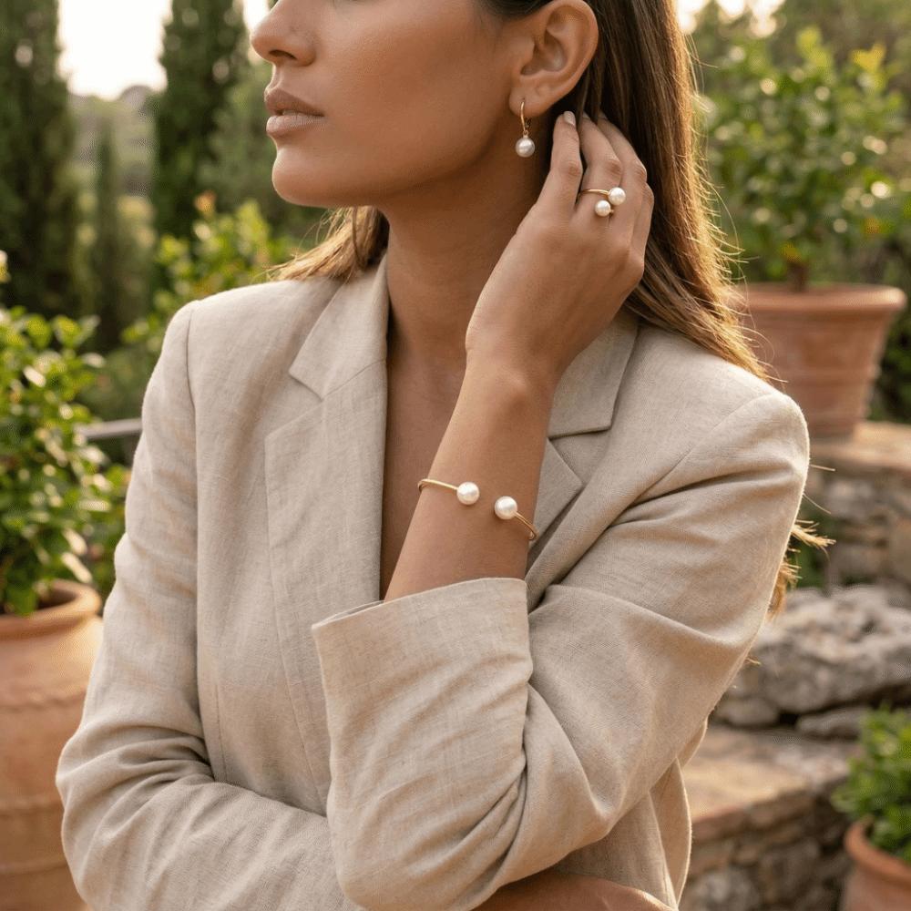 Vintage Style Imitation Pearl Earrings Ring Bangle Elegant Gold Color Jewelry Jewelry Set  Women
