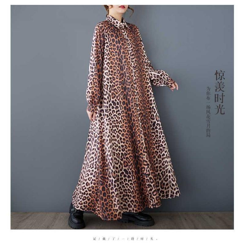 Свободные литературные большие размеры модные леопардовые принты средней длины темпераментные повседневные платья
