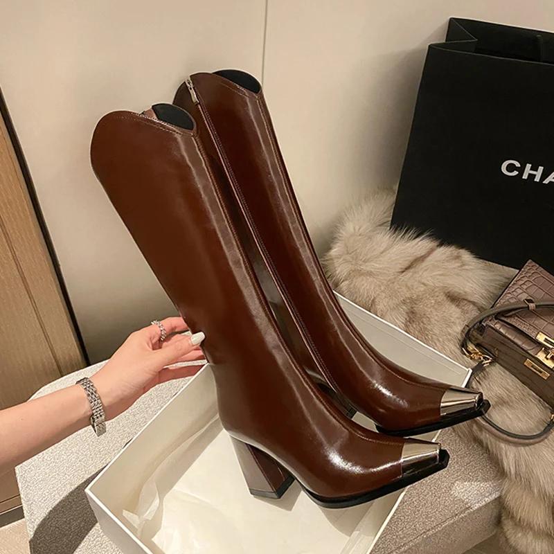 Fashion Designer Winter Woman High Boots Fashion Pointed Toe Long Boots Shoes Ladies Elegant Square Heel Women's Knight Bootties