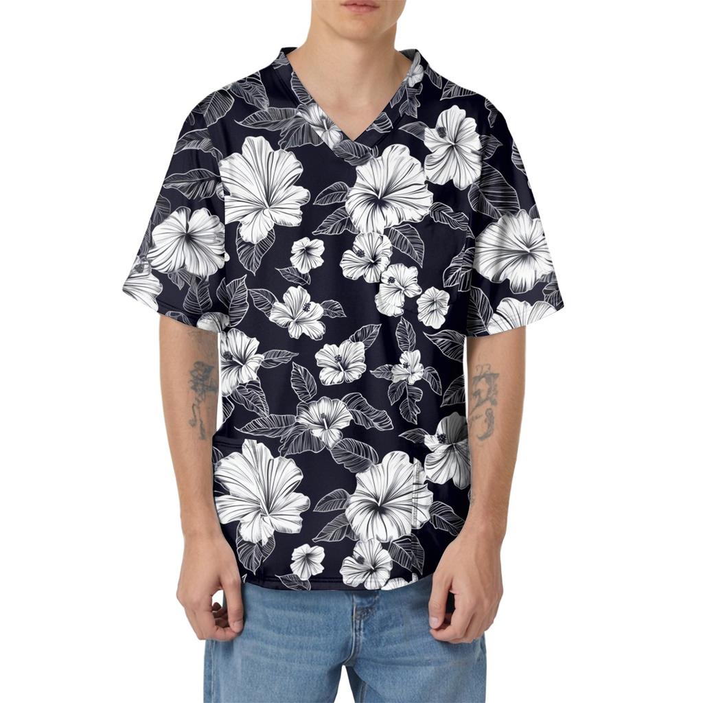 Men's Short Sleeve V-Neck  Print Chest Pocket Care Top