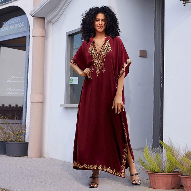 EDOLYNSA Sexy Kaftan Dress Women Plus Size Beach Wear 2023 Bohemian Tie Dye Striped Bikini Cover-ups Long Tunic Swim Suit Cover Up Q1517