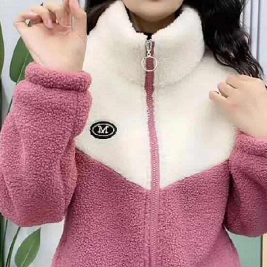 Women Winter Fall Coat Thickened Plush Color Matching Stand Collar Zipper Closure Long Sleeve Casual Cardigan Warm Heat Retention Pockets Lady