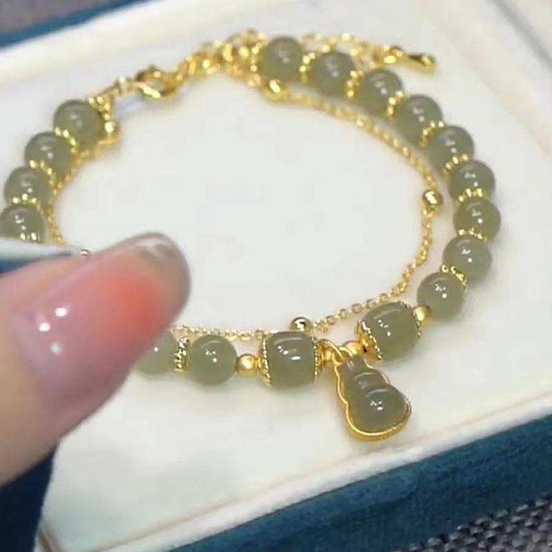 Chinese Style Imitation Jade Gourd Pendant Bracelet For Women Girls Double Layer Chain Lucky Beaded Bracelet Jewelry Party Gift