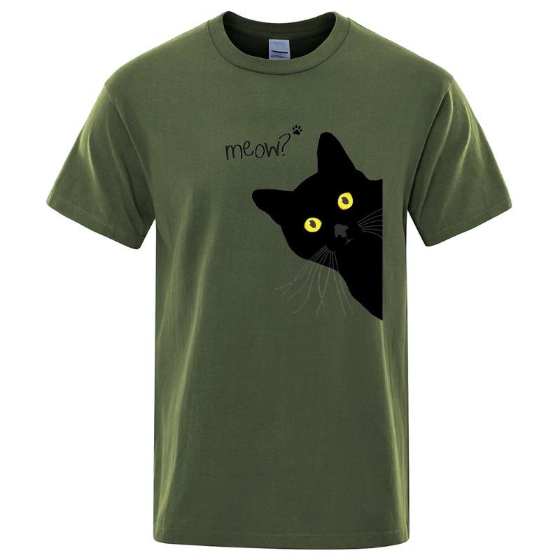 Meow Black Cat Funny Printing Men T-Shirts Breathable Tee Clothes Summer Streetwear Tops Oversized Loose Cotton Short Sleeve T-Shirts Men’s