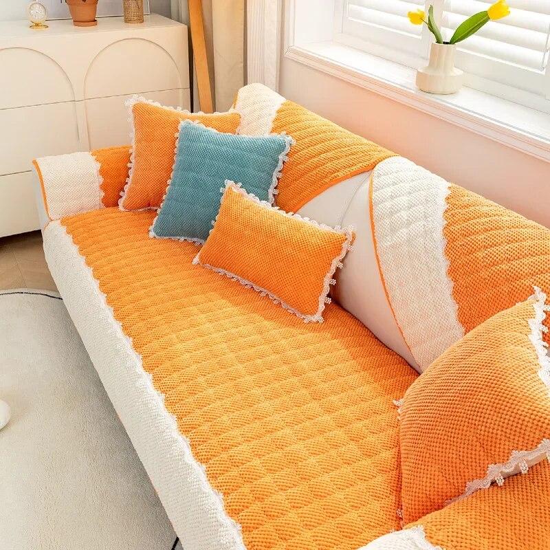 Winter Thicken Plush Sofa Cover White Wide Edge Chaise Lounge Sofa Towel Mat Modern Non-Slip Couch Cover Cushions Living Room