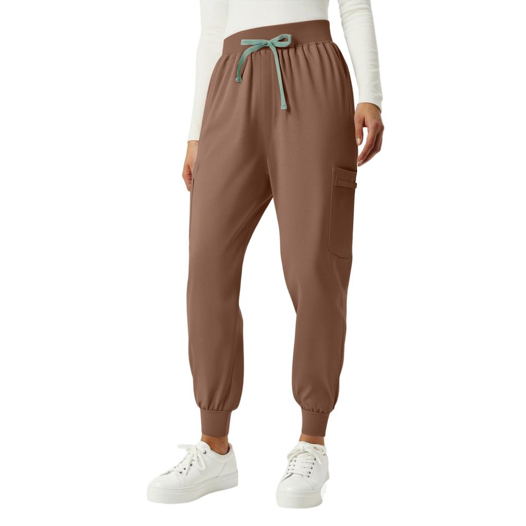 Ladies' Fashionable Solid Color Drawstring Elastic Waist Pocket Protective Casual Pants