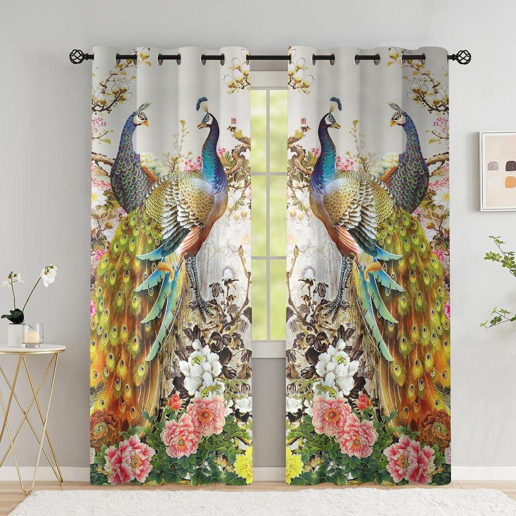 Peacock Flower Curtains For The Bedroom Animal Drapes In Living Room Curtin For Window Home Decor High Shading (70 %-90 %)2 Panel