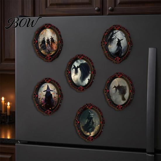 Halloween Refrigerator Magnets Wooden Magnetic Fridge Magnets, Vintage Gothic Witch Ghost Photo Spooky Metal Locker Decorations Frame, Waterproof
