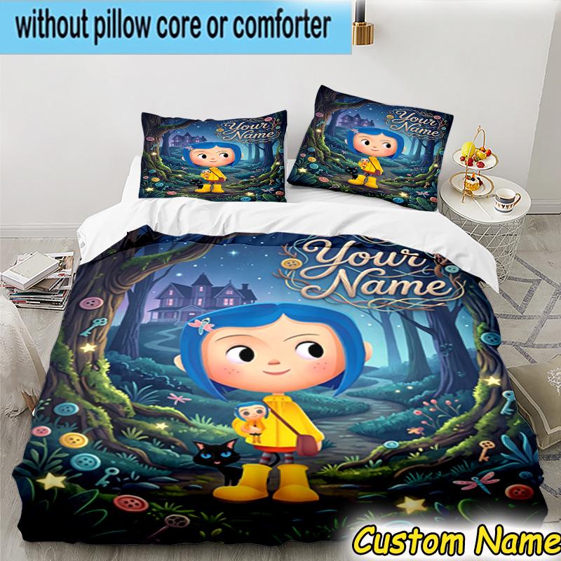 3pcs Custom Name Mystery Coraline's World Bedding Set Includes 1 Duvet Cover & 2 Pillowcases for All Seasons Dormitory Home Decor Christmas gifts