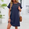 Женское модное однотонное платье с круглым вырезом, кружевной вставкой, свободного кроя, с коротким рукавом