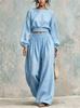 1116 New European and American Vacation Style Round Neck Puff Sleeve Waist-Cinching Short Top Elastic Waist Drape Wide-Leg Pants Two-Piece Set