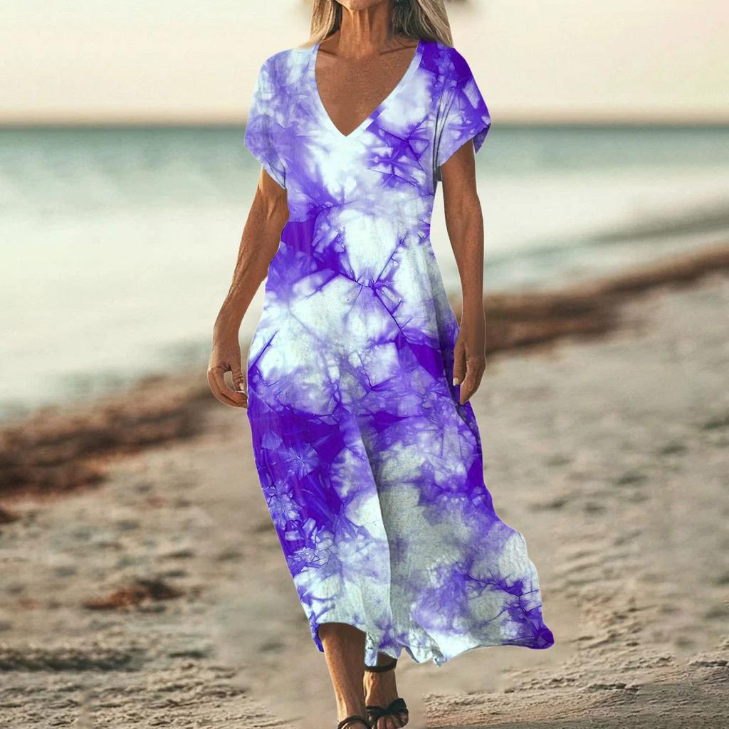 Fashion Women's Summer V-neck Short Sleeve Tie- Retro Print Beach Dress