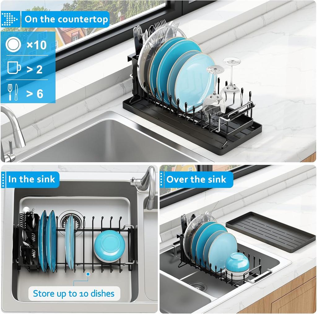 Sink Dish Drying Rack Expandable Dish Rack Over Sink with Silicone Drying Tray Drainer for Kitchen Counter with Cutlery Holder