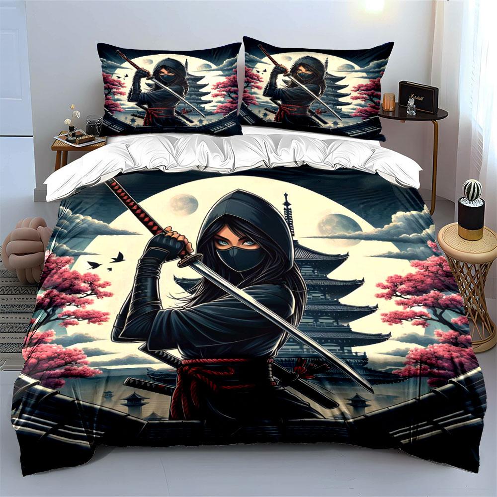 Ninja, katana, pagoda, cherry blossoms. Bedding sets Duvet cover sets Duvet covers Pillowcases(1*Duvet Cover 2*Pillowcases without duvet insert)