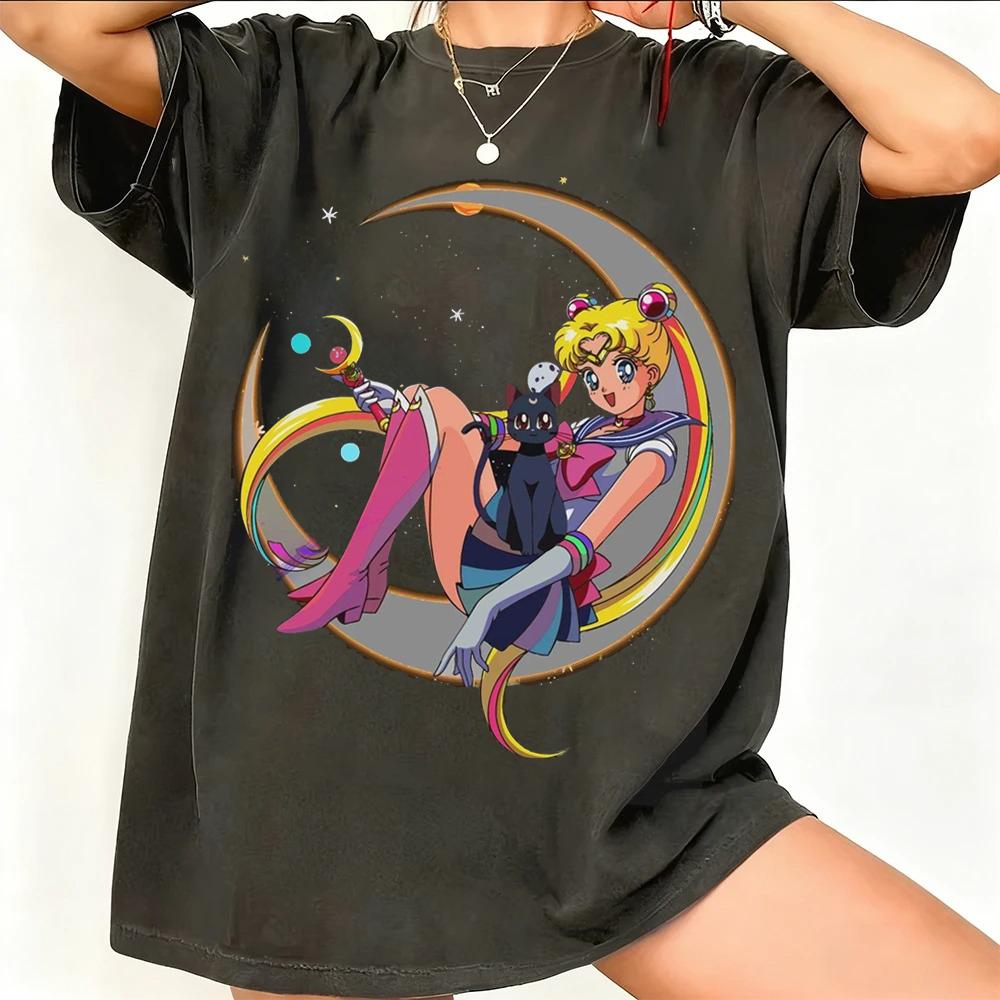 Sailor Moon Ретро 90-х Аниме Графическая Футболка Летняя Хлопковая Унисекс Женская Футболка Уличная Одежда Повседневный Тренд Короткий Рукав Пара Хип-Хоп Топ