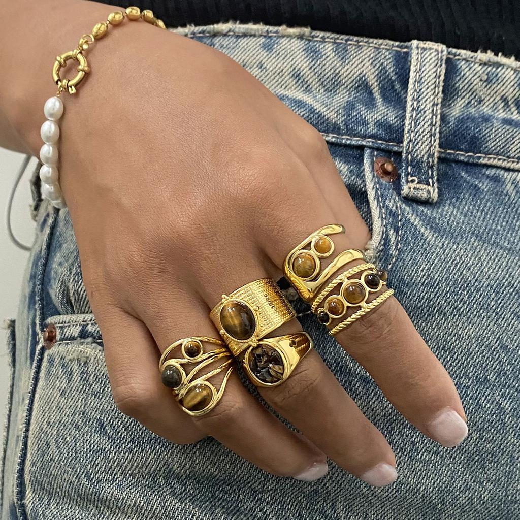 Uworld Fashion Кольцо с коричневым камнем Овальные кольца из альпаки для женщин Регулируемые кольца для ношения стопкой Женский циркон Подарки для нее