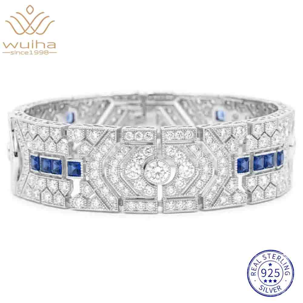 WUIHA Vintage 925 Sterling Silver Lab Sapphire High Carbon Diamonds Gemstones Bracelet Bangle Cocktail Fine Jewelry Wholesale