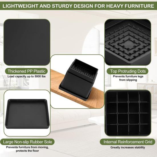 4/6/8Pcs 1/2-Inch Square Furniture Riser Heavy Duty Bed Riser Adjustable Stackable Anti-slip Table Desk