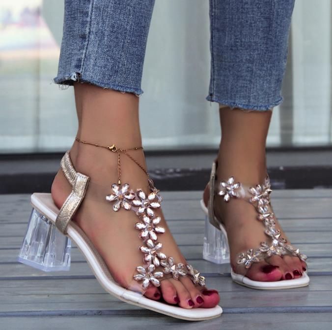 Fashion Women Elastic Rhinestones Sandals Elegant Designer Female Sale Pvc Fashion Comfortable Medium Block High Heels Party Shoe Summer