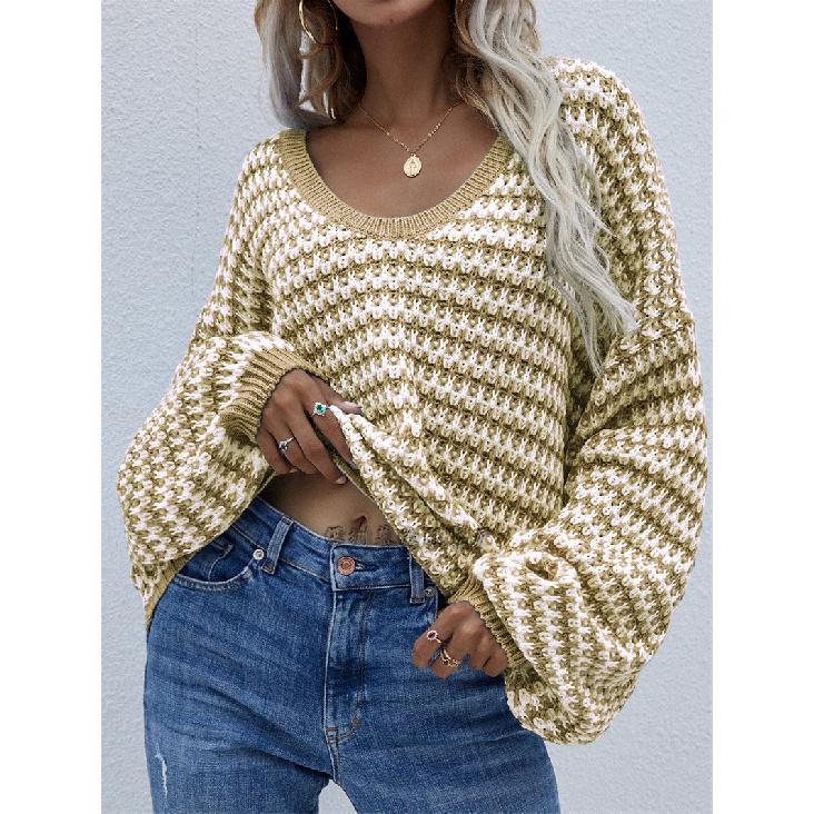 2024 Осень и зима Новый европейский и американский пуловер полосатый женский вязаный свитер круглый вырез свитер больших размеров