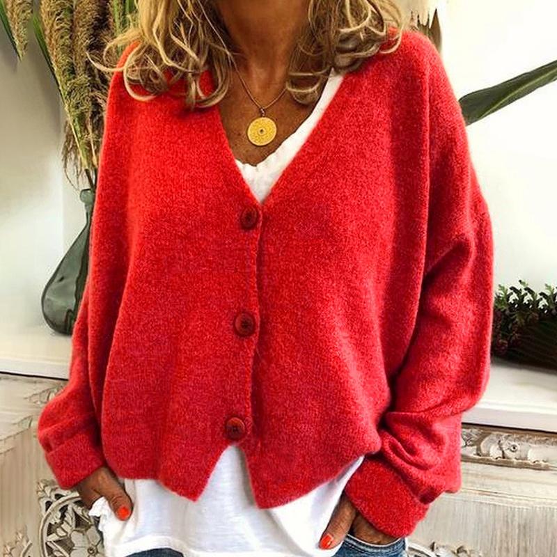 Knitted Womens Plain Coat Cardigan Ladies Button Loose Jumpers Sweater Size Plus