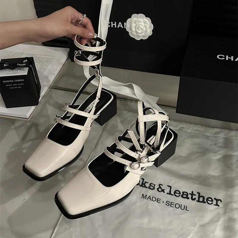 Summer Design Women Sandal Fashion Narrow Band Dress Square Heel Shoes Ladies Outdoor Patent Leather Mary Jane Shoes