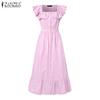 ZANZEA Summer Women Flare Sleeve Buttons Striped Casual Holiday Pleated Dress