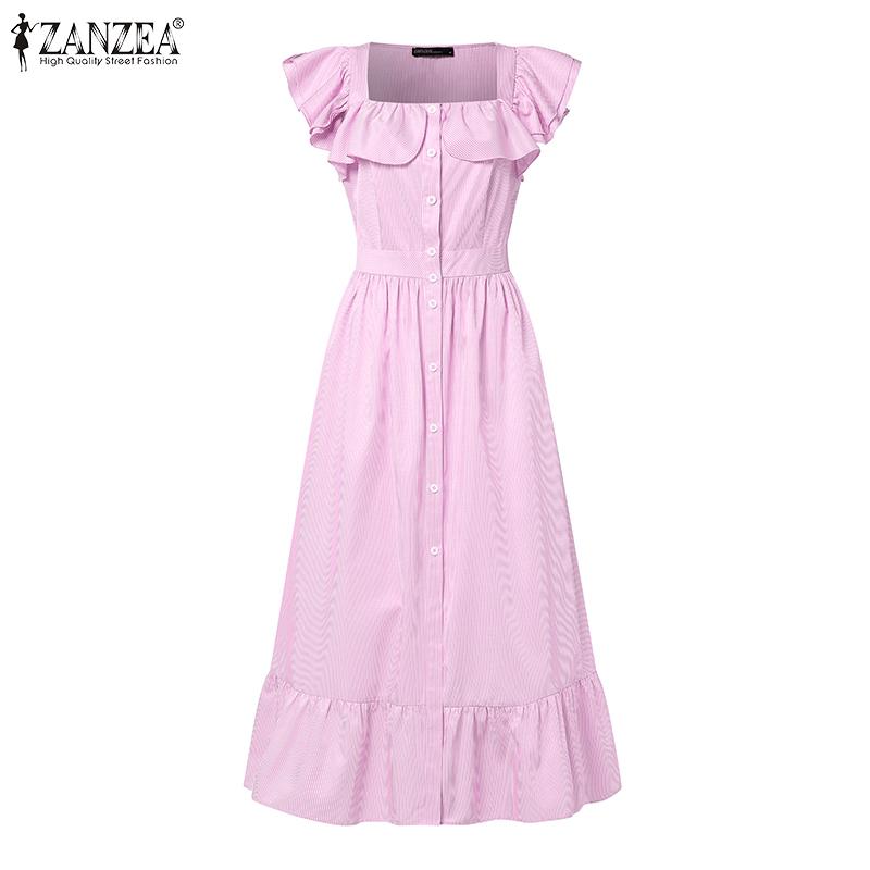 ZANZEA Summer Women Flare Sleeve Buttons Striped Casual Holiday Pleated Dress