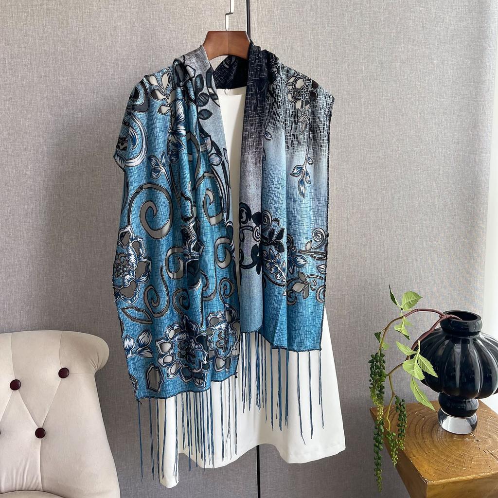 Этнический стиль кружевной шелковый шарф женский тренд мода бахрома вышивка тренд тонкий шарф шаль