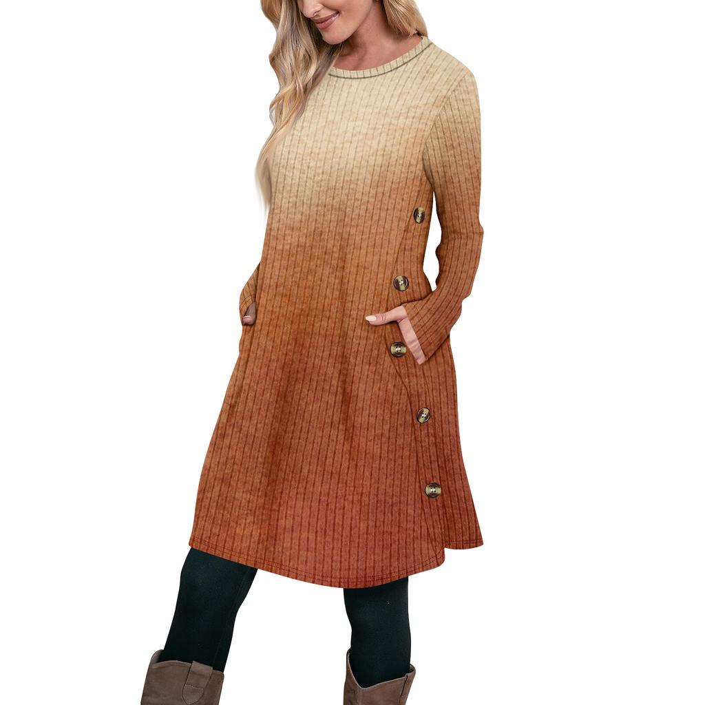 Женское модное повседневное платье-туника с длинным рукавом и карманами, платье с боковыми пуговицами