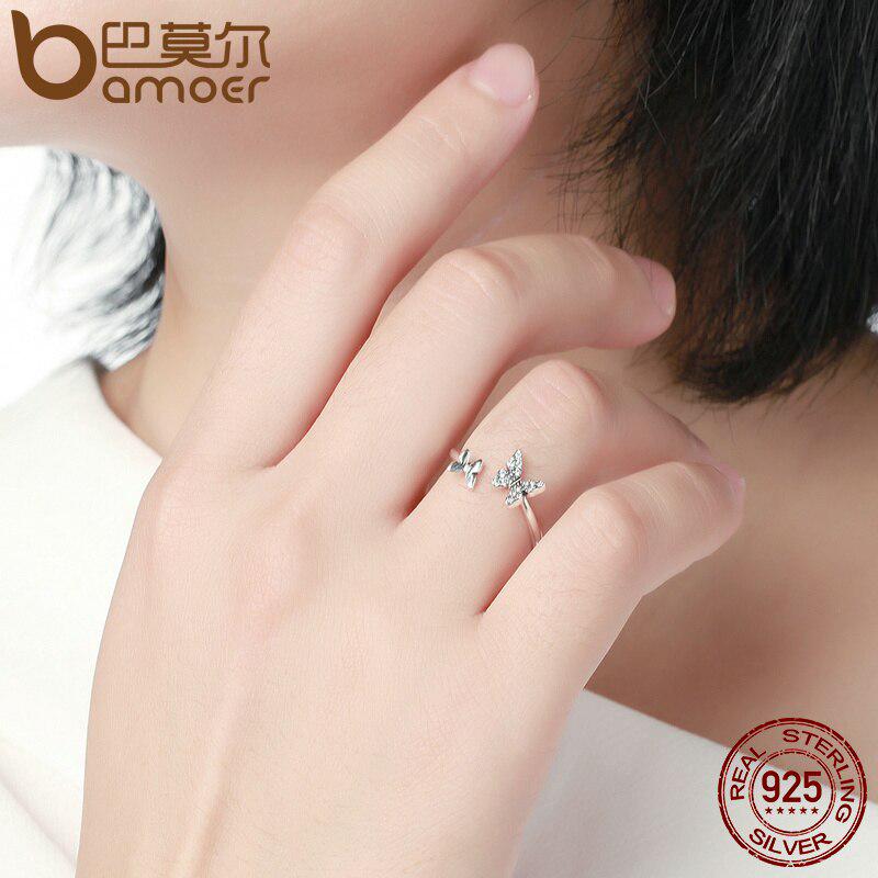 Кольцо BAMOER из стерлингового серебра 925 пробы с ослепительным цирконием и бабочкой на открытом пальце