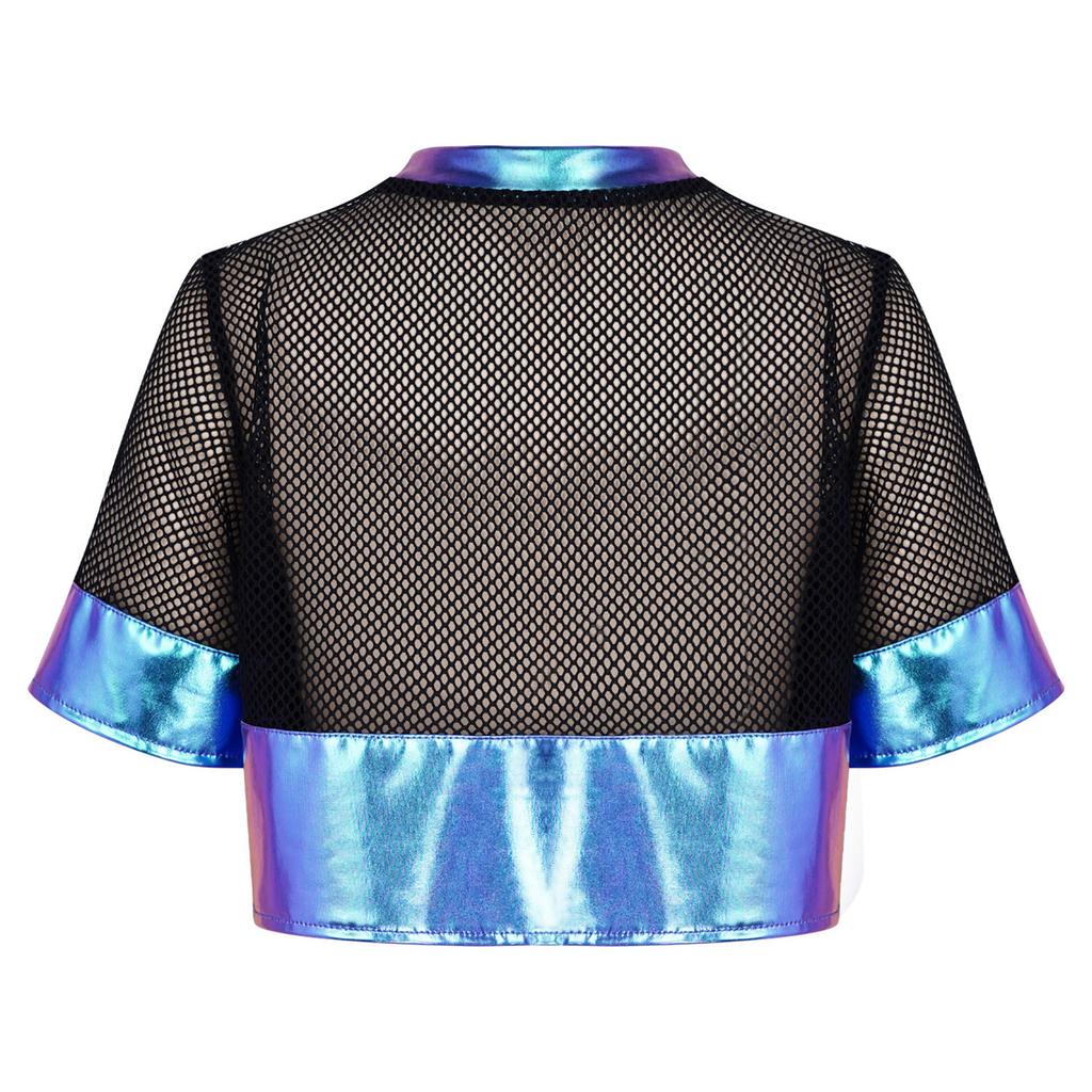 Girls Hollow Out Mesh Patchwork Metallic Crop Top Short Sleeve Number Graphic T-Shirt Hip Hop Dance