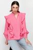 Women's Fashion Shirt V-Neck Long Pink Ruffle Detailed Woven Shirt