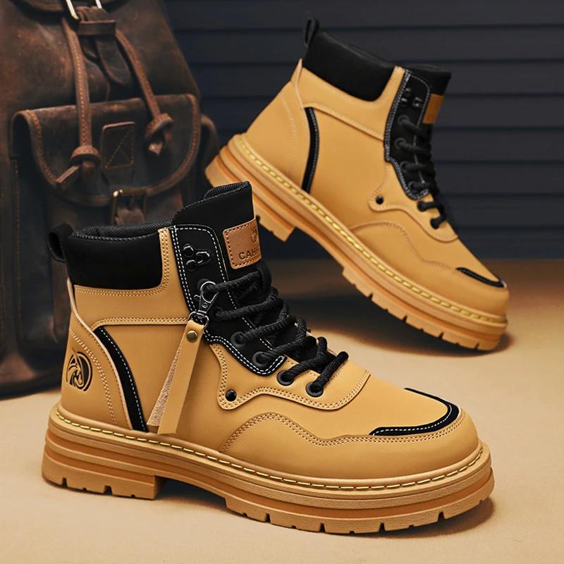 2024 Winter Men Boots Casual Shoes Leather Outdoor Platform Walking Fashion Luxury Designer Work High Top Ankle Sneakers Cowboy