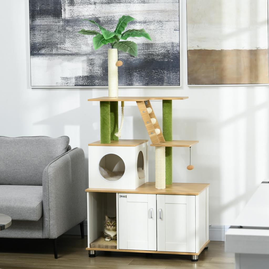 Scratching Post Cat Tree, incl. Cabinet, 1 Cat Cave, 80 x 48 x 160cm, 1 Ladder, Oak + White