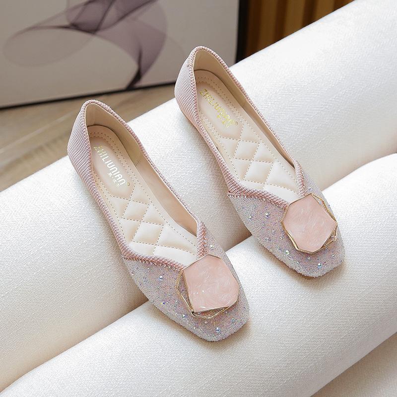 Flat Bottom Square Head Single Shoes Women's Spring and Autumn New Shallow Mouth Soft Sole Doudou Shoes Large Size