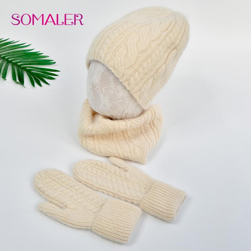 Women Winter Three-piece Hat Scarf Gloves Set Warm Fluffy Angora Knit Hat Scarf Thick Fashion Cold Weather Beanie Accessories