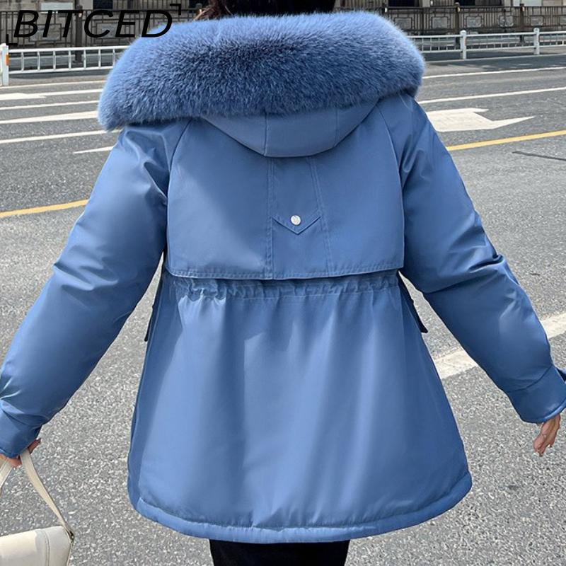 BITCED Winter Thickened Puffer Coat for Women with Waist-cinching, Slimming Fit, Hood and Large Fur Collar for Warmth