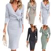 Women's Autumn And Winter Solid Color V-neck Knitted Sweater Dress Slim Waist Tie Dresses