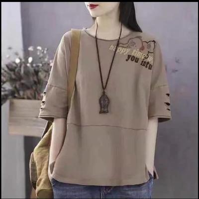 Женская летняя свободная футболка с короткими рукавами и круглым вырезом в стиле пэчворк. Повседневный топ