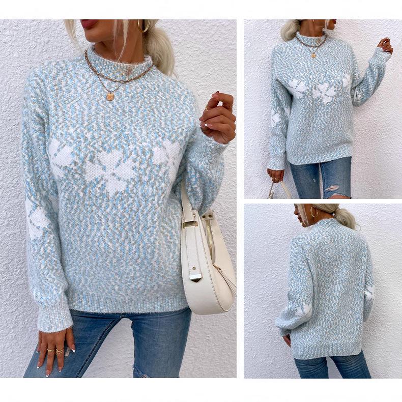 European & American Women's 2024 Autumn/Winter Snowflake Sweater - Casual Long-Sleeved Knitwear with Half-High Collar