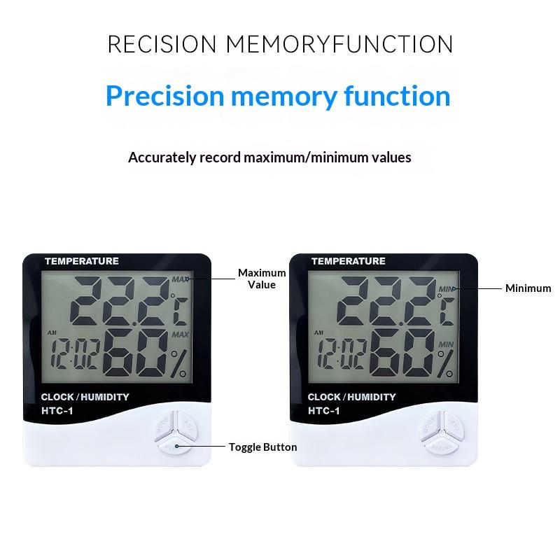 HTC-1 Digital LCD Temperature Humidity Monitor Gauge with Alarm Clock Mini Hygrometer for Home Desktop Office Use