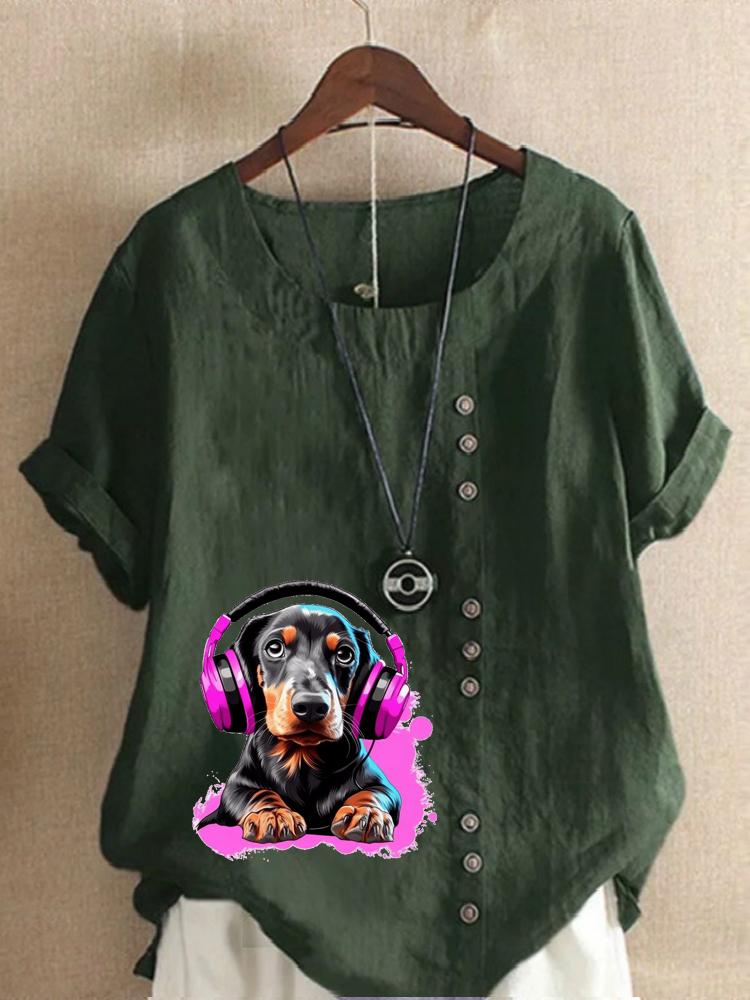 Women's Fashion Colorful Dog Print Round Neck Short Sleeve T-shirt Casual Cotton Linen Graphic Shirt Leisure Loose Summer Blouse Tops