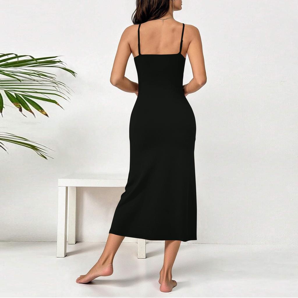 Женское летнее регулируемое платье-миди без рукавов на тонких бретельках с высокой талией и разрезом