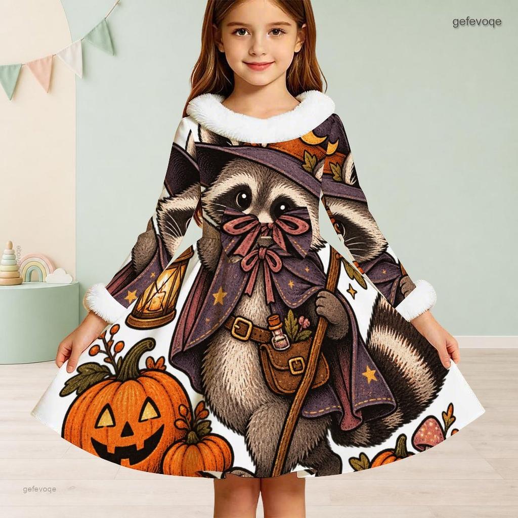 Girls Furry Trim High Neck Long Sleeve Printed Highland Cow A Line Flared Dress