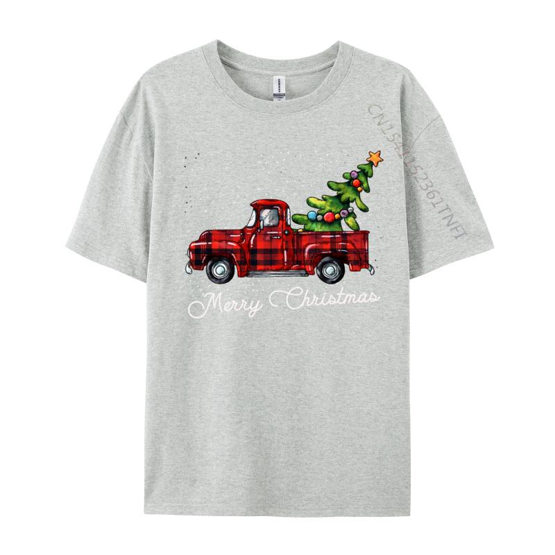Crafty Merry Christmas Tree On Red Plaid Pickup T-Shirt Men Round-Neck Camisas Casual Tshirt Soft Cotton Fit Tee
