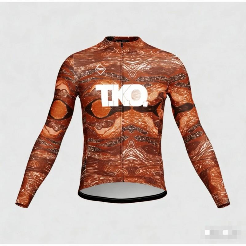 Mens Long Sleeve Cycling Jersey Red Brown Abstract Print Quick Dry Breathable Performance Riding Top